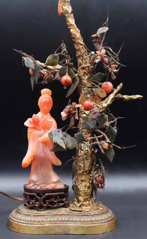 Appraisal: CHINESE CARVED CARNELIAN QUANYIN MOUNTED AS A LAMP Signed Chinese