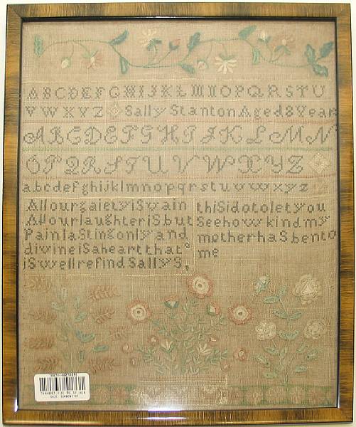 Appraisal: A framed English alphabet and verse sampler Sally Stanton early