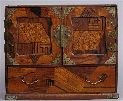 Appraisal: JAPANESE PARQUETRY-INLAID TABLE CABINET Enclosed by a pair of brass-mounted