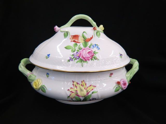 Appraisal: Herend Porcelain Large Covered Tureen handpainted raised florals oval approx