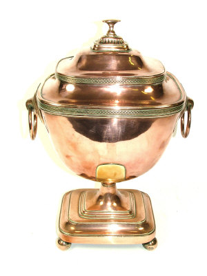 Appraisal: A Regency copper pedestal tea-urn of boat shaped form with