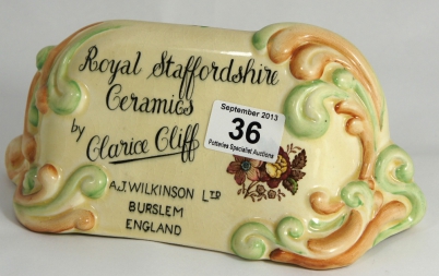 Appraisal: A Factory Embossed Name plaque Clarice Cliff Newport Pottery Royal