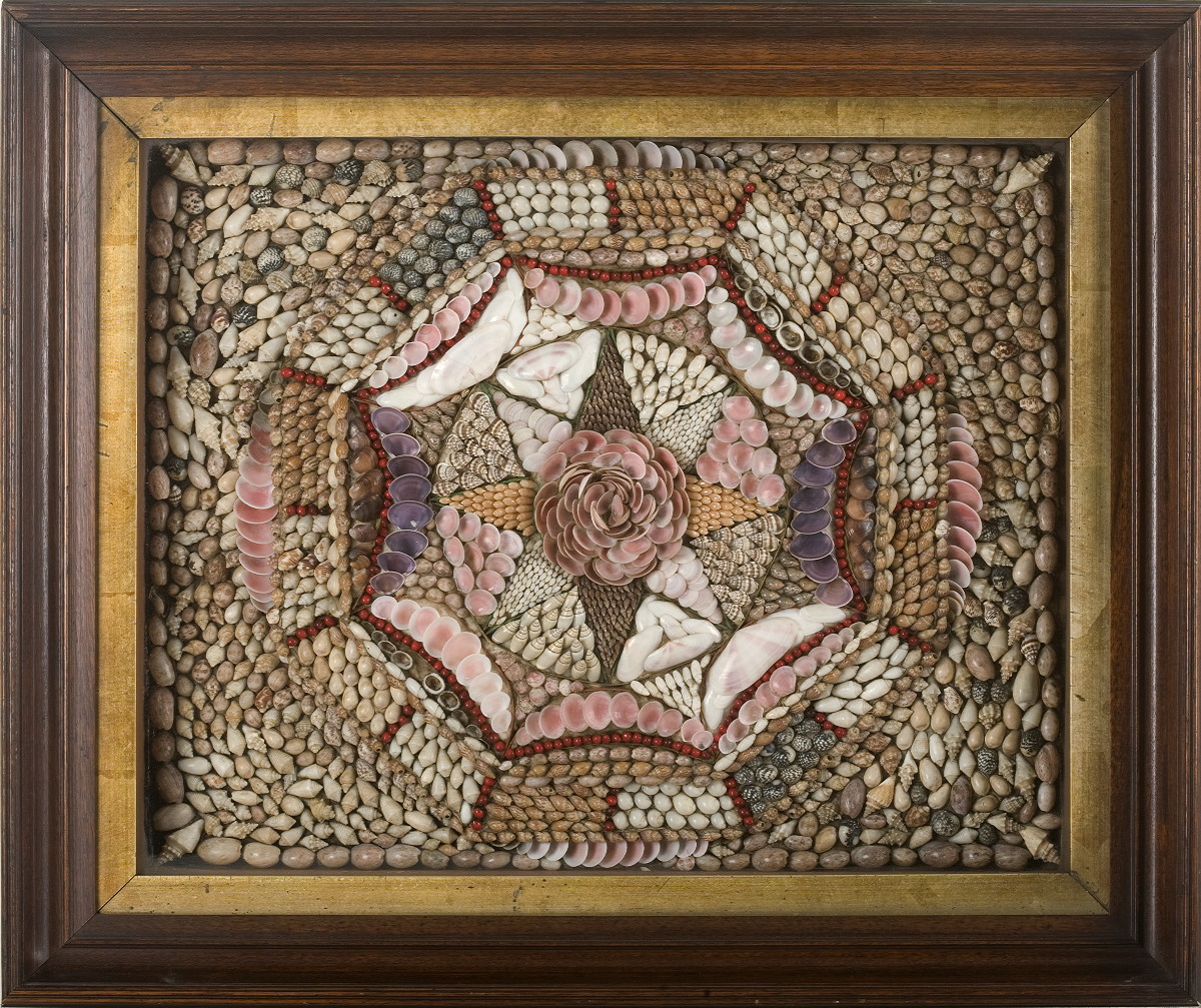 Appraisal: UNUSUAL SAILOR'S SHELLWORK VALENTINE IN A SHADOWBOX FRAME Composed of