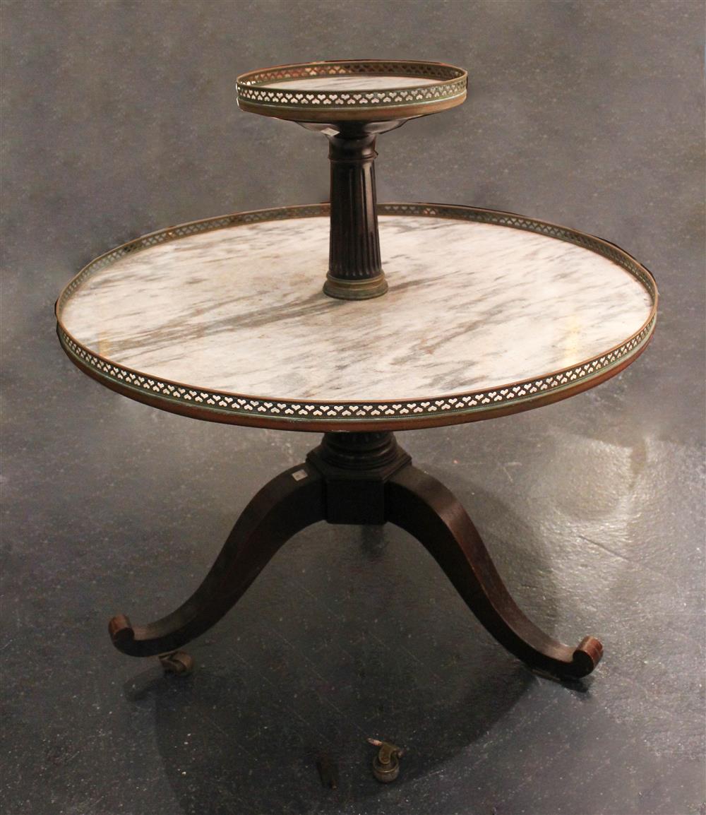 Appraisal: LOUIS XVI STYLE BRASS MOUNTED MAHOGANY TWO-TIER GUERIDON with grey