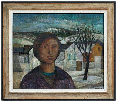 Appraisal: Miklos Somos painting woman in a village oil on Masonite