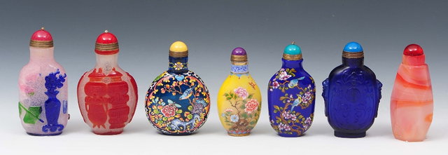 Appraisal: A collection of seven Chinese Peking glass and porcelain snuff