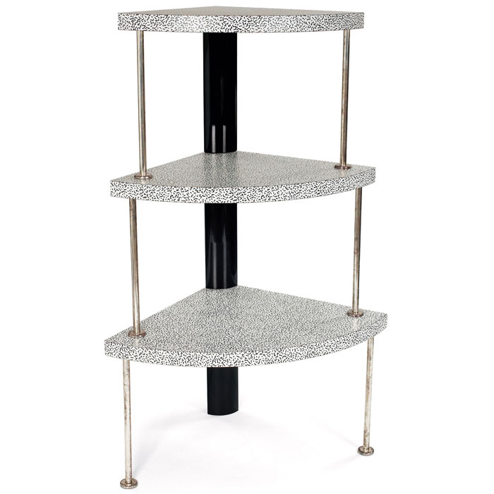 Appraisal: Ettore Sottsass corner etagere Memphis three platforms with curved fronts