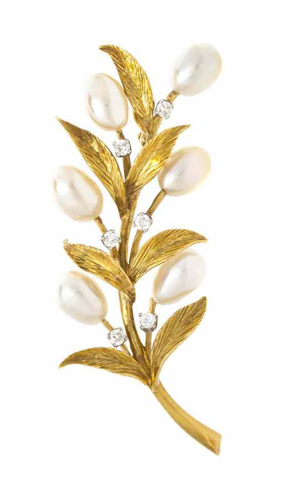 Appraisal: A Vintage Karat Yellow Gold Cultured Pearl and Diamond Brooch