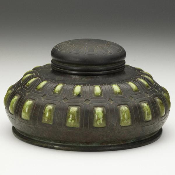 Appraisal: TIFFANY STUDIOS Large bronze inkwell with lime green blown-out glass