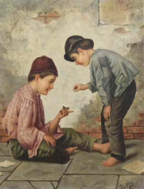 Appraisal: G Lodi oil on canvas Street urchins feeding a bird