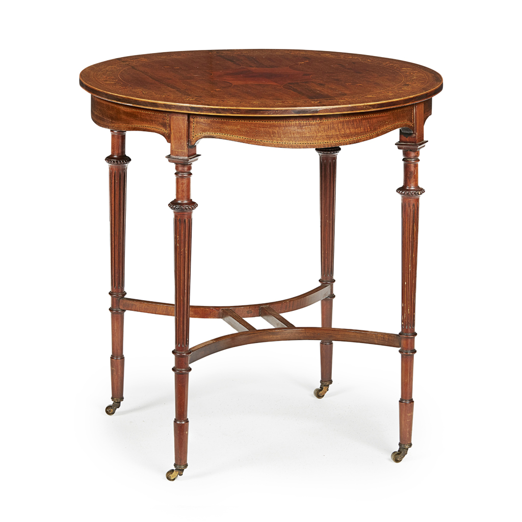 Appraisal: EDWARDIAN MAHOGANY INLAY AND PENWORK OCCASIONAL TABLE EARLY TH CENTURY