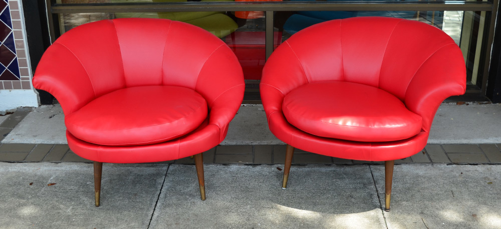 Appraisal: PAIR MODERN RED LEATHER CHAIRS Asymmetrical round stitched back removable