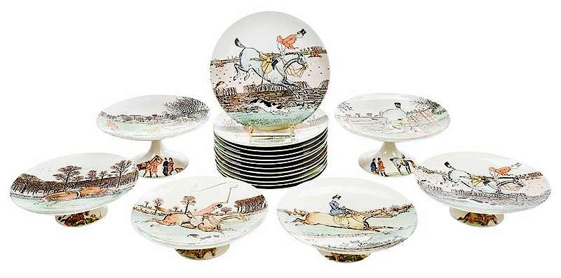 Appraisal: Piece Set Comical Fox Hunt Plates and Tazzas British th