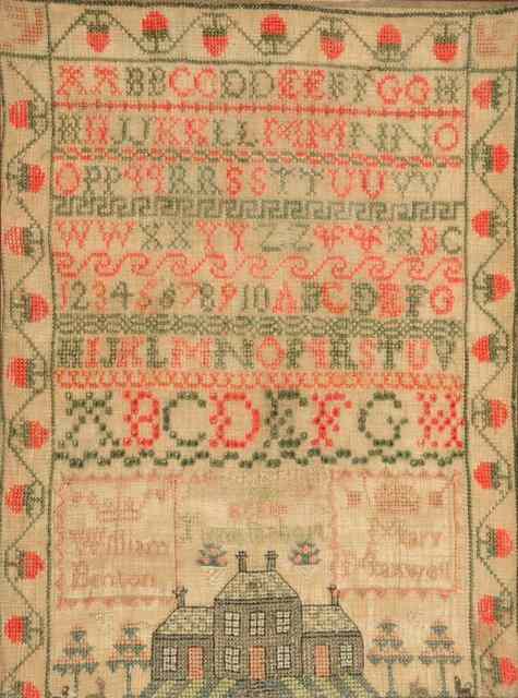 Appraisal: A TH CENTURY SAMPLER with birds alphabet and embroidered country