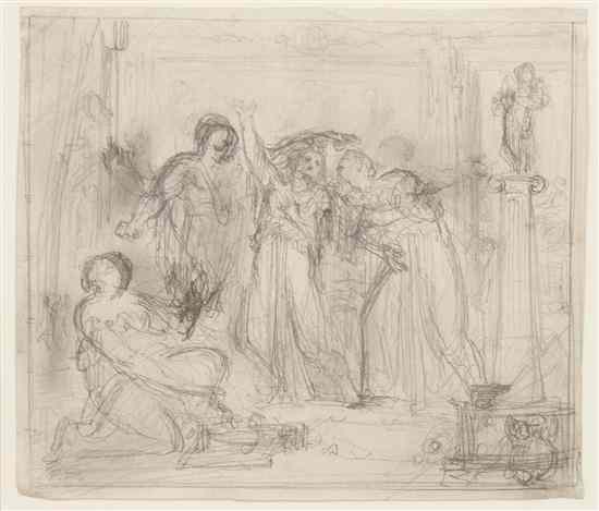 Appraisal: French School th century Classical Interior pencil on paper x