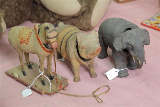 Appraisal: THREE NODDER TOYS Paper mache and wood including Horse on