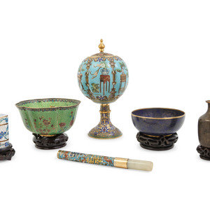 Appraisal: Five Chinese Cloisson Enameled Articles comprising a jade mounted pipe