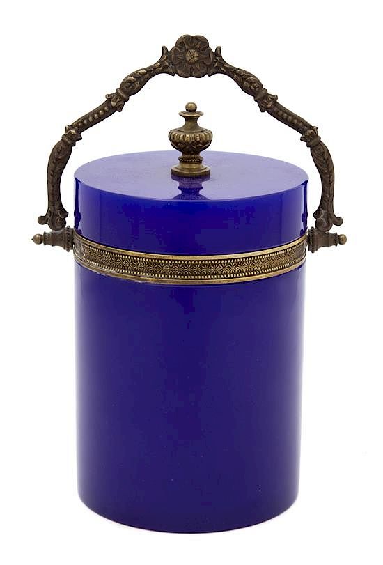 Appraisal: A French Blue Opaline Glass Covered Jar Height inches A