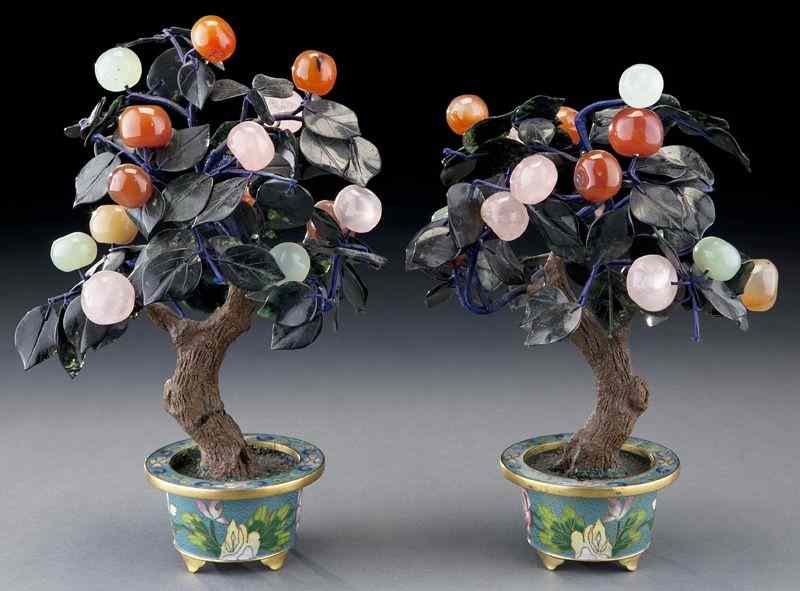 Appraisal: Pr Chinese small hard stone treesset in cloisonne bases ''H