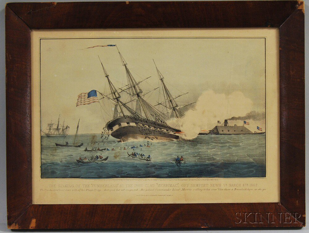 Appraisal: Framed Currier Ives Hand-colored Engraving The Sinking of the Cumberland