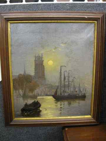 Appraisal: Walter F Lawsil Oil on Canvas moonlit harbor scene well