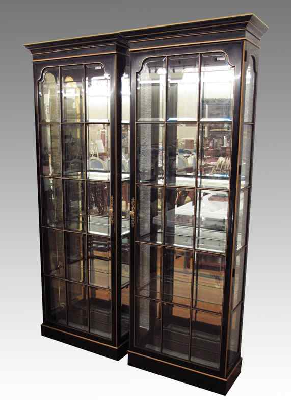 Appraisal: PAIR BLACK GOLD DISPLAY CHINA CURIO CABINETS Union National Jamestown