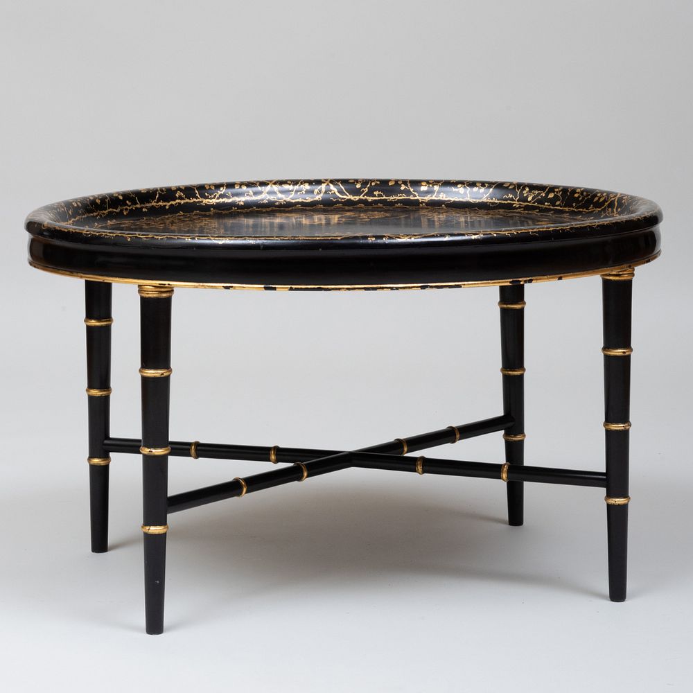 Appraisal: Victorian Black Lacquer and Parcel-Gilt Papier Mach Tray on Later