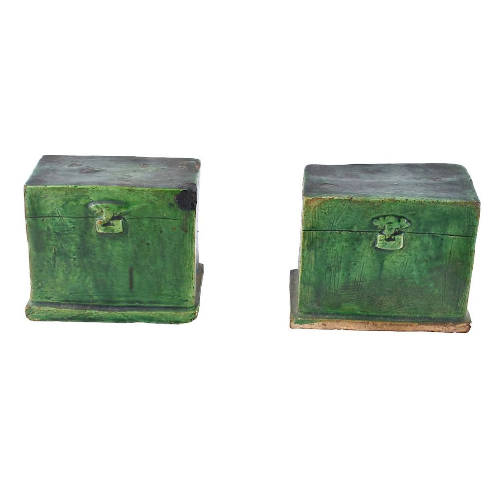 Appraisal: Pair of Antique Green Glazed Funerary Chest Models Pair of