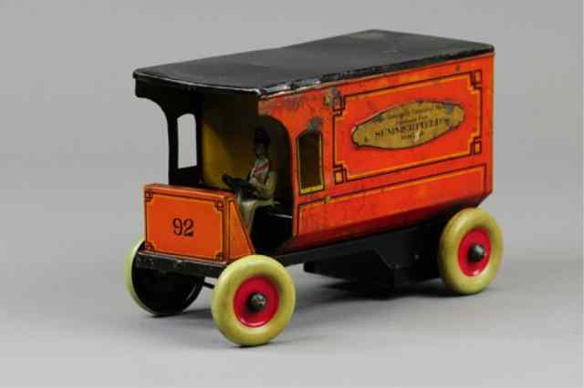 Appraisal: STRAUSS ''SUMMERFIELDS'' DELIVERY VAN Lithographed tin orange enclosed van body