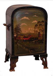 Appraisal: Painted tin plate warmer bearing a folk painted vintage train