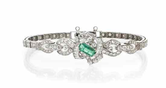 Appraisal: A Vintage Karat White Gold Emerald and Diamond Bracelet containing