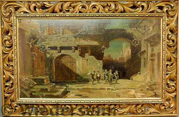 Appraisal: Oil on board painting of a medieval courtyard scene with