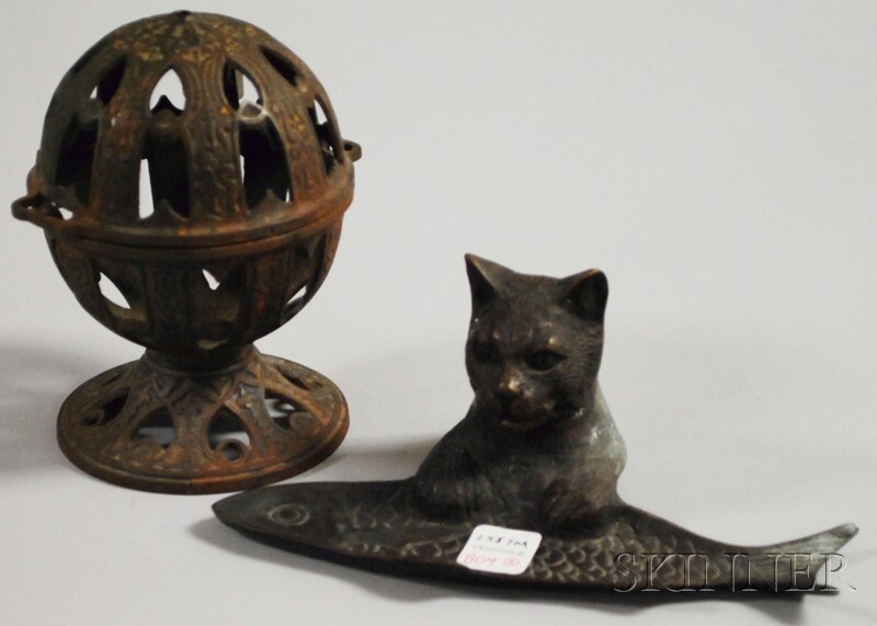 Appraisal: Bronze Figural Cat and Fish Pen Rest and a Cast