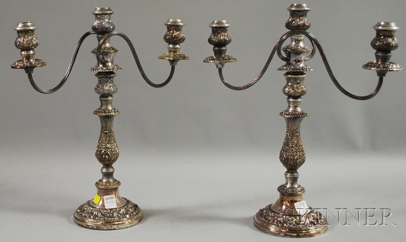 Appraisal: Pair of English Silver-plated Three-light Convertible Candelabra ht in