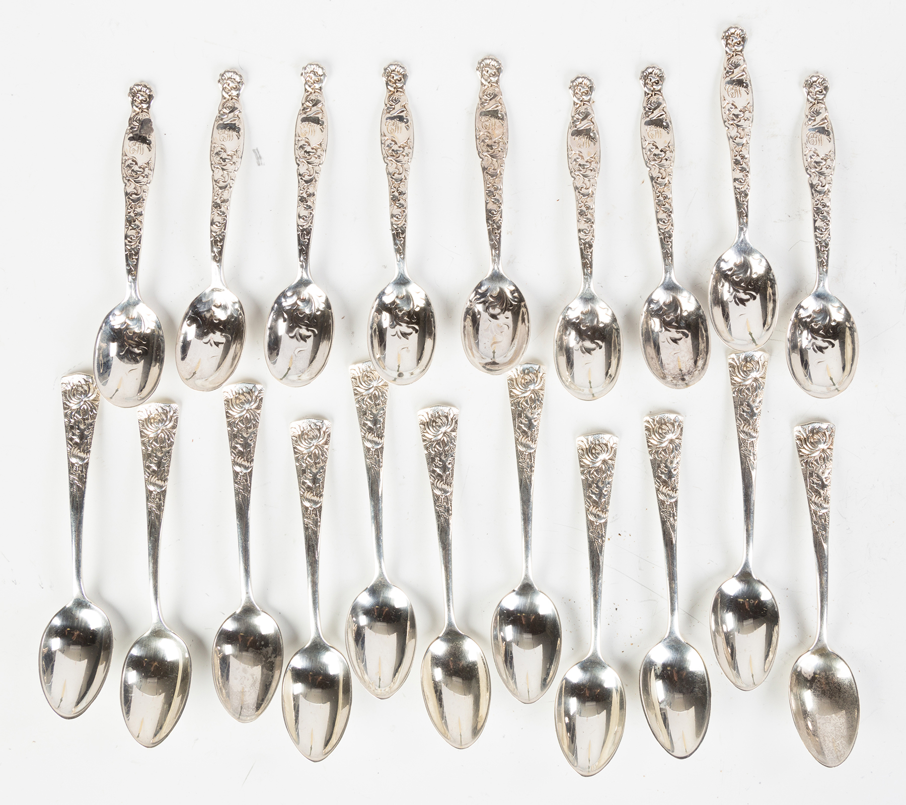 Appraisal: Sterling Silver Floral Demitasse Spoons Whiting set is monogrammed George