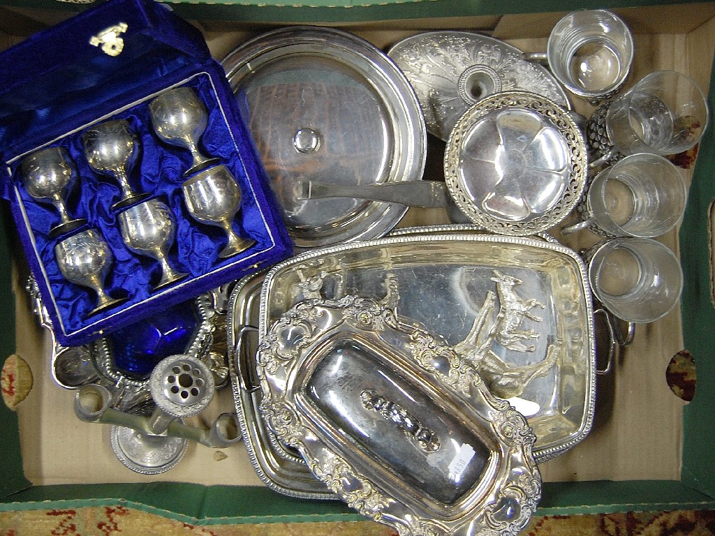 Appraisal: Mixed box of silver plate including platters domed covers three-piece