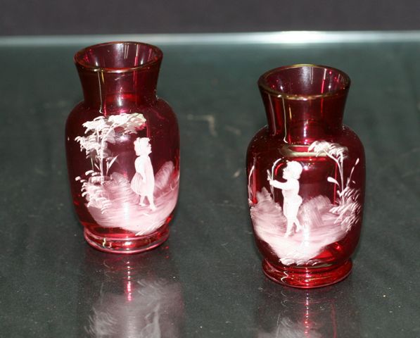 Appraisal: Pair of Victorian ruby glass miniature posy vases in Mary