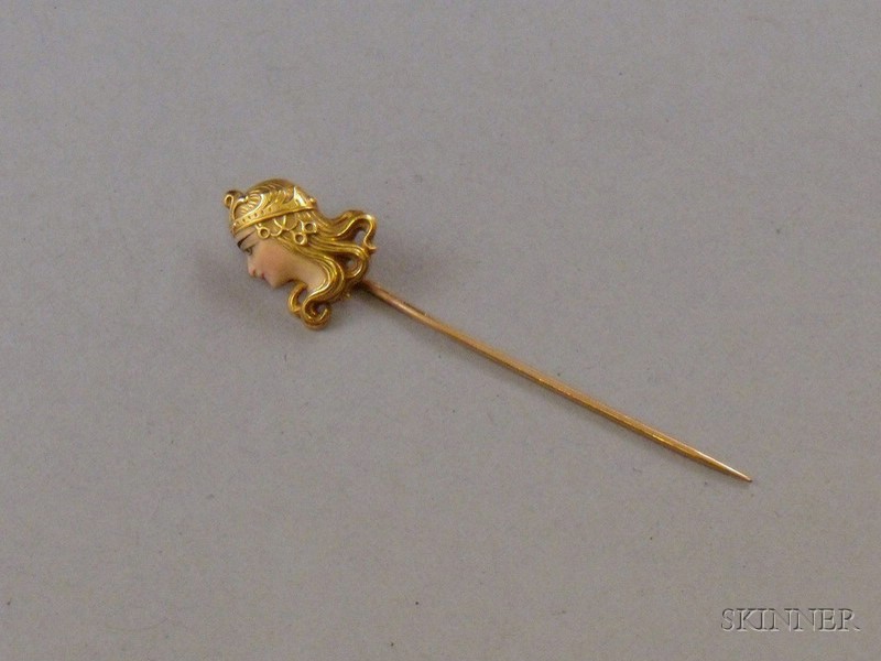 Appraisal: Art Nouveau kt Gold and Enamel Decorated Maiden Stickpin