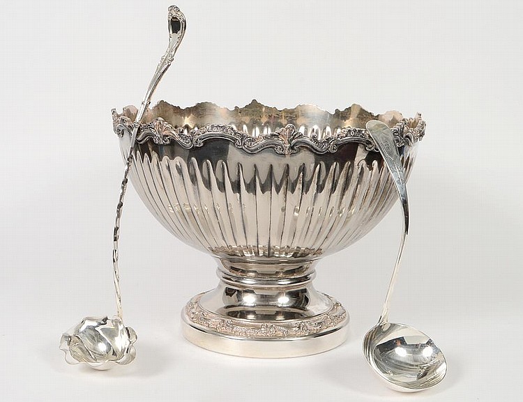 Appraisal: SILVER PLATE PUNCH BOWL AND TWO LADLESThe bowl English with