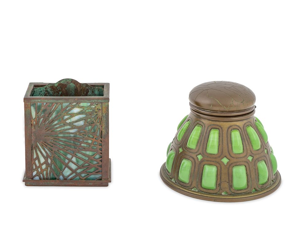 Appraisal: A Tiffany Studios Patinated Bronze and Glass Inkwell and a