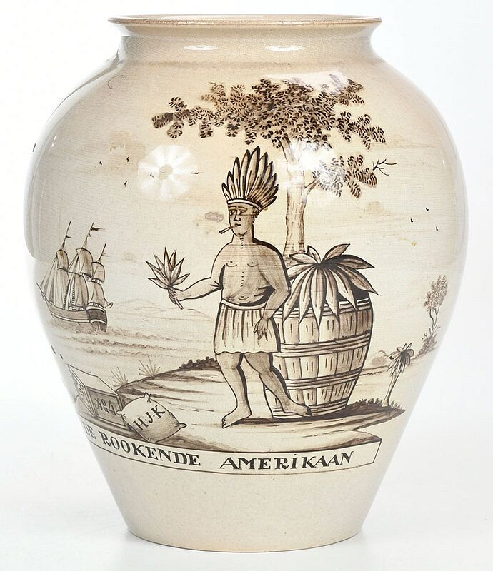 Appraisal: DE ROOKENDE AMERIKANN Ceramic Tobacco Jar Dutch th century scene