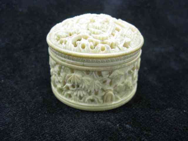 Appraisal: Chinese Carved Ivory Round Box elaborate village scenes '' excellent