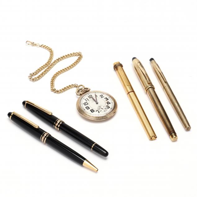 Appraisal: FIVE VINTAGE DESIGNER WRITING INSTRUMENTS AND A POCKET WATCH Including