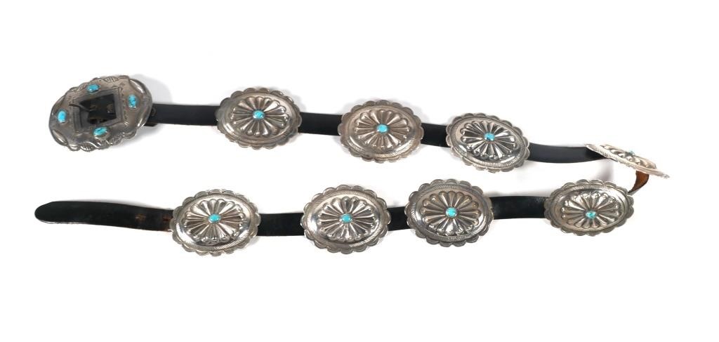 Appraisal: Leather belt with sterling silver oval conchos and matching buckle