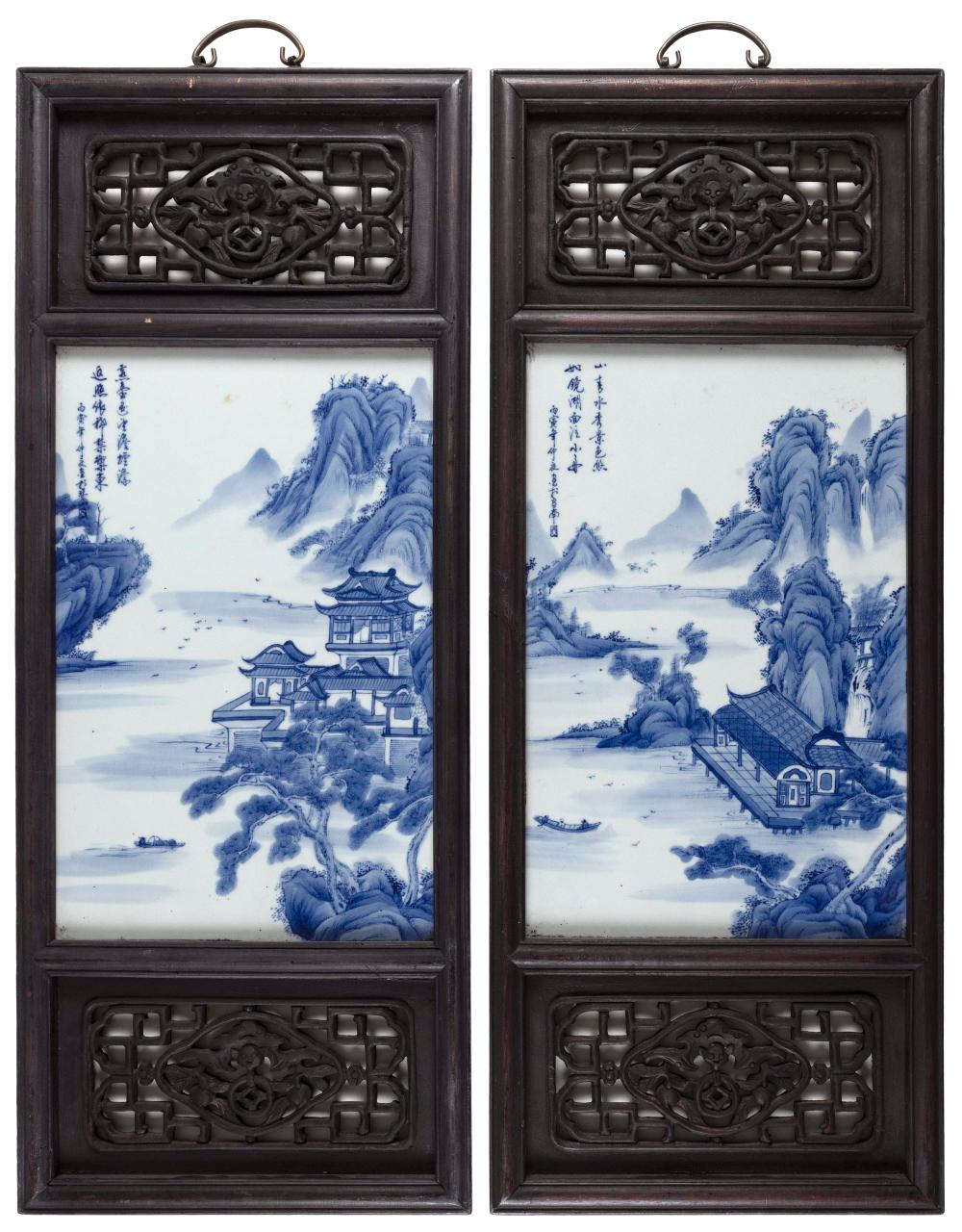 Appraisal: PAIR OF CHINESE BLUE AND WHITE PORCELAIN TILES INSET IN