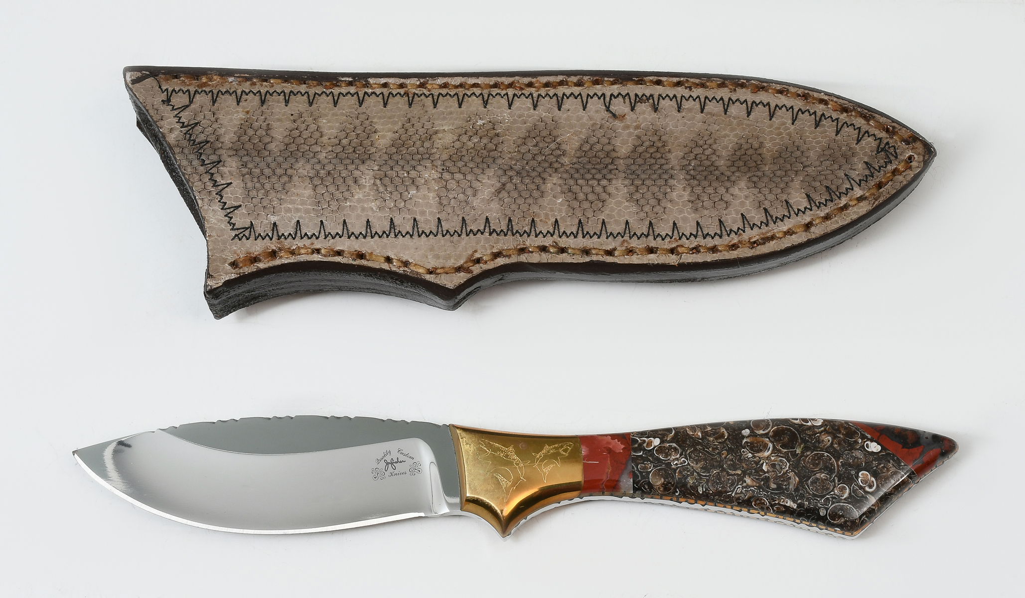 Appraisal: JAY FISHER FIXED BLADE GEMSTONE HANDLE KNIFE WITH SHEATH Jay