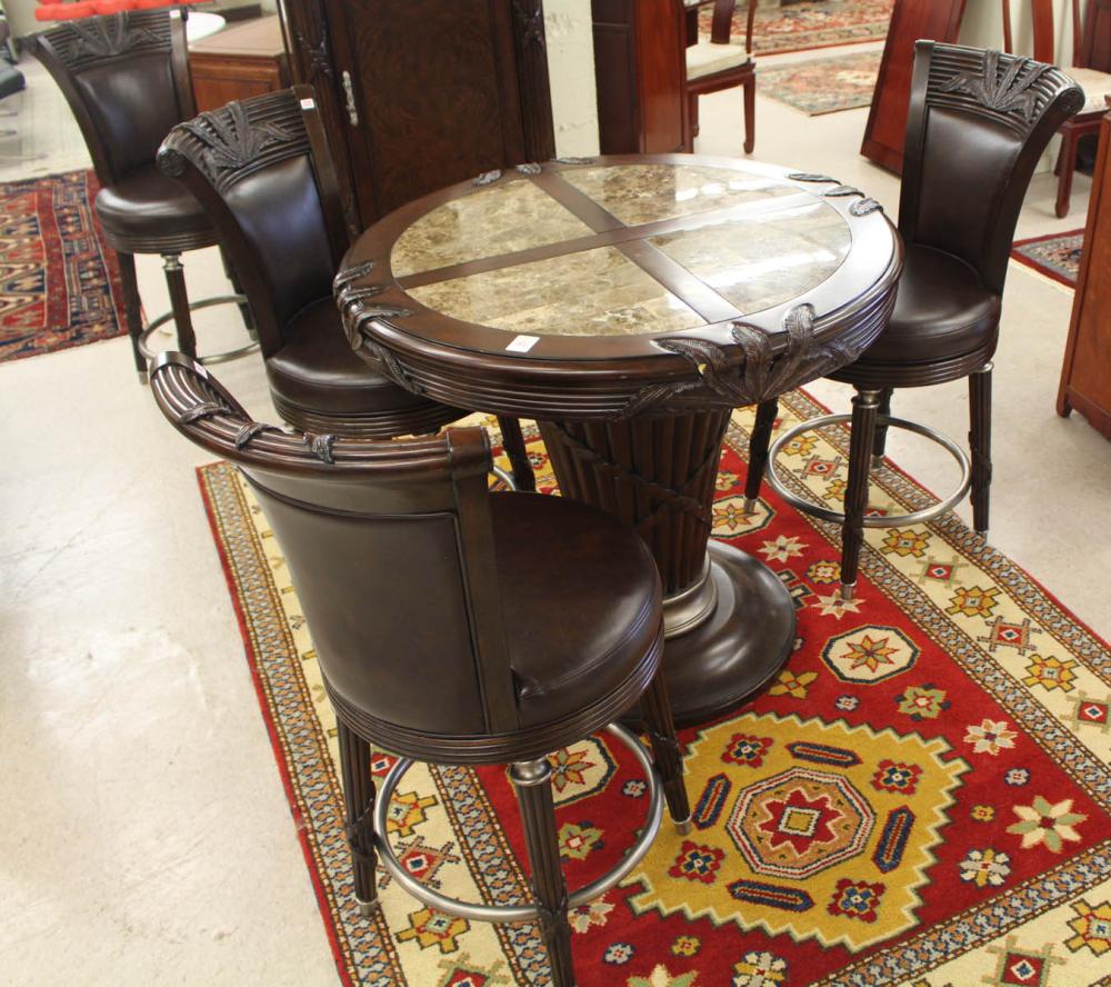 Appraisal: ROUND MARBLE-TOP MAHOGANY TABLE AND FOUR SWIVEL STOOLS SET made