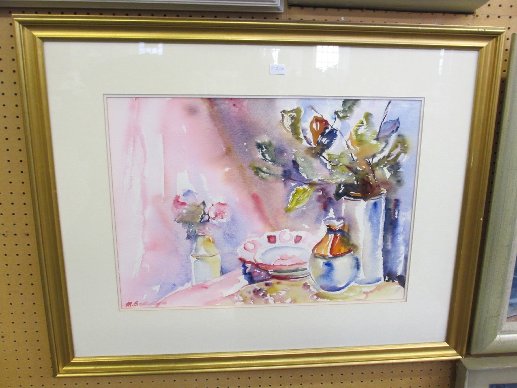 Appraisal: MARGARET BALLANTYNE Watercolour 'Pink Curtain' signed recto and labelled verso