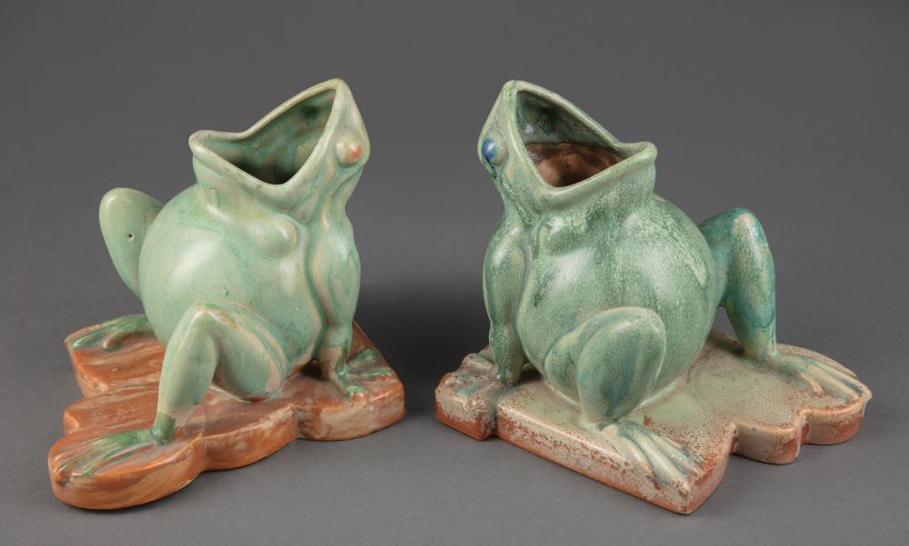 Appraisal: Pair of American Glazed Pottery Frog Vases indistinct mark h