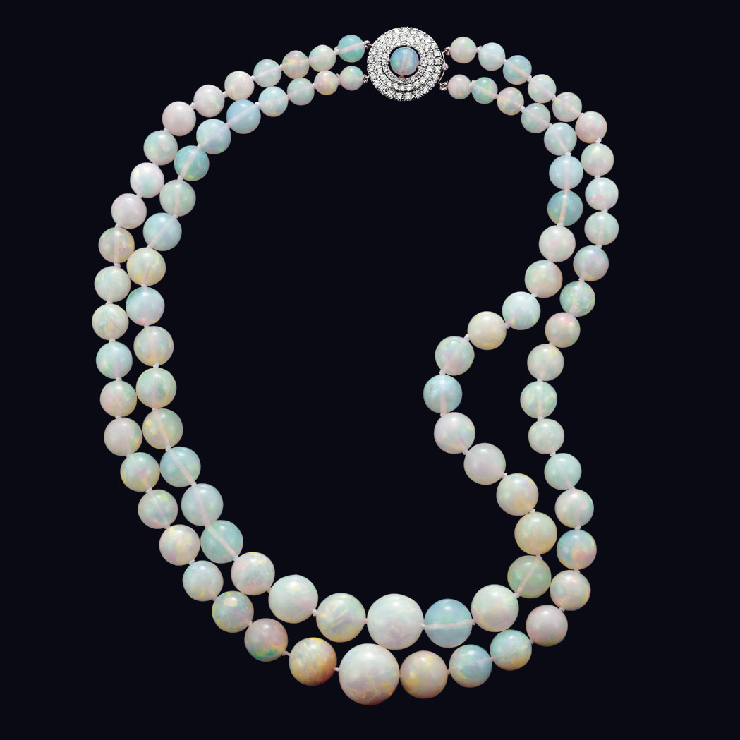 Appraisal: Double Strand Opal Bead Necklace with Opal and Diamond Clasp